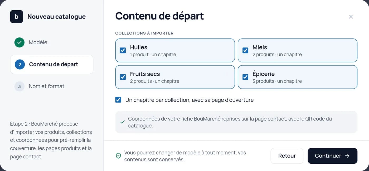 L’écran « Contenu de départ » : les collections Huiles, Miels, Fruits secs et Épicerie cochées pour être importées