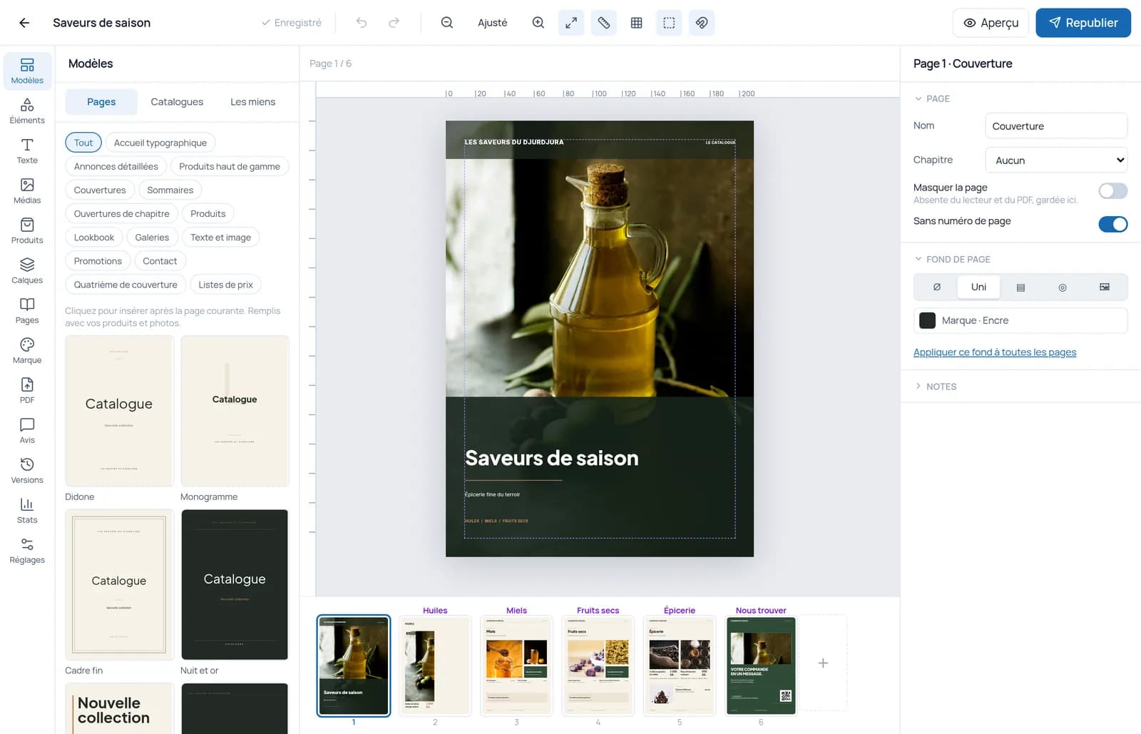 L’éditeur de catalogue : la couverture « Saveurs de saison » et les six pages du catalogue en bas de l’écran