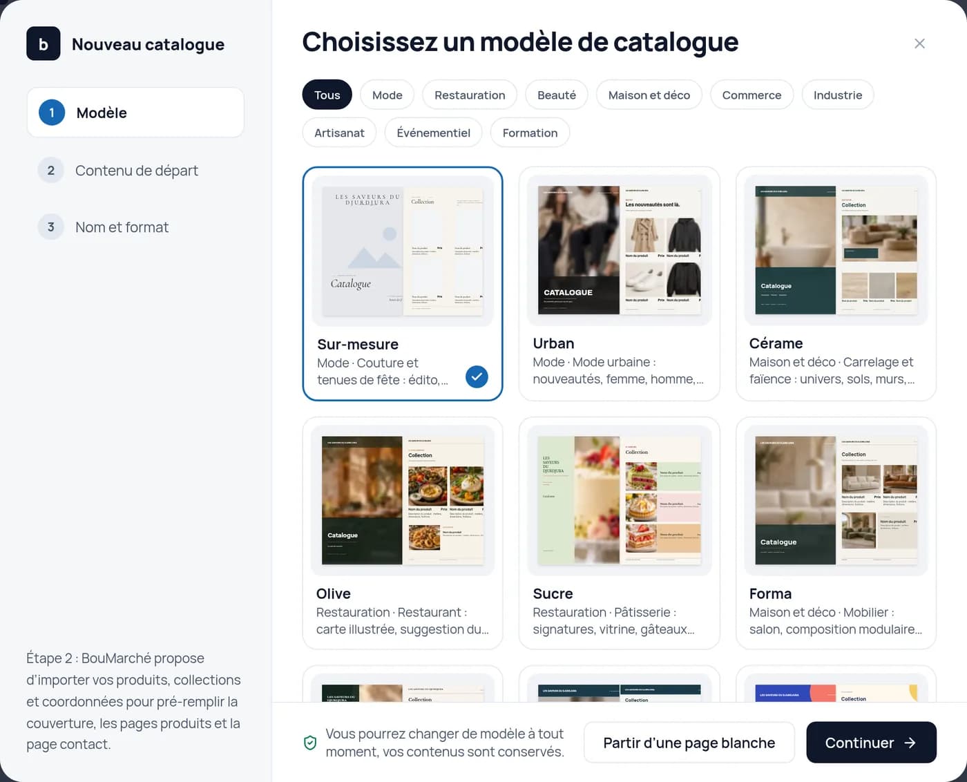 L’écran « Choisissez un modèle de catalogue » avec les modèles Sur-mesure, Urban, Cérame, Olive, Sucre et Forma