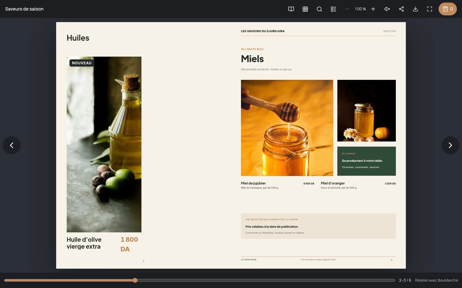 Un catalogue d’épicerie fine ouvert en double page dans la liseuse BouMarché : miels et huile d’olive, avec leurs prix