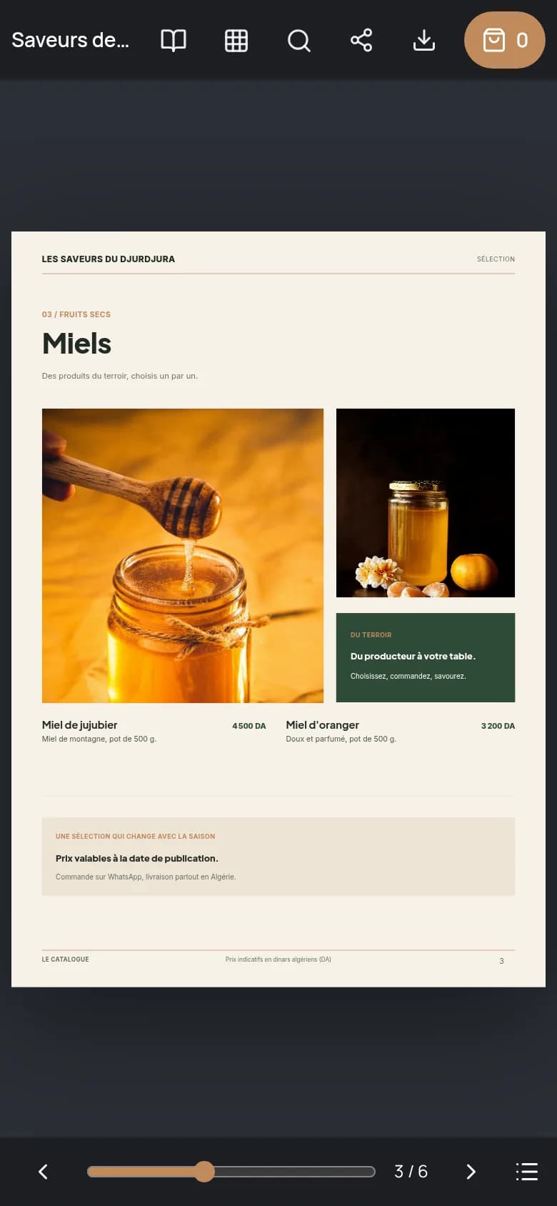 La page des miels, avec photos et prix, sur téléphone
