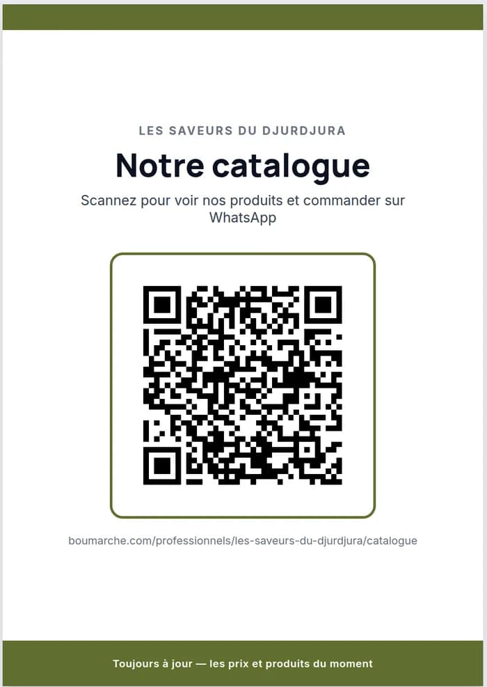 L’affiche A5 générée par BouMarché : « Notre catalogue », avec le QR code à scanner